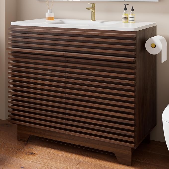 VNN 36 Inch Bathroom Vanity with Ceramic Sink - Freestanding Modern Bathroom Storage Vanity Cabinet with Fluted Design, Soft-Close Doors, Shelves, Toilet Paper Holder & Towel Hooks, Walnut