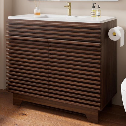 VNN 36 Inch Bathroom Vanity with Ceramic Sink - Freestanding Modern Bathroom Storage Vanity Cabinet with Fluted Design, Soft-Close Doors, Shelves, Toilet Paper Holder & Towel Hooks, Walnut