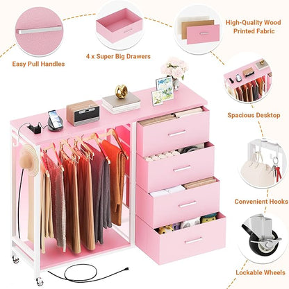 Cyclysio Dresser with Hanging Rack, 4 Fabric Drawers Dresser with Clothes Rack, Wooden Top Storage Chest of Drawers with Charging Station & LED Lights, Lockable Wheels, Closet