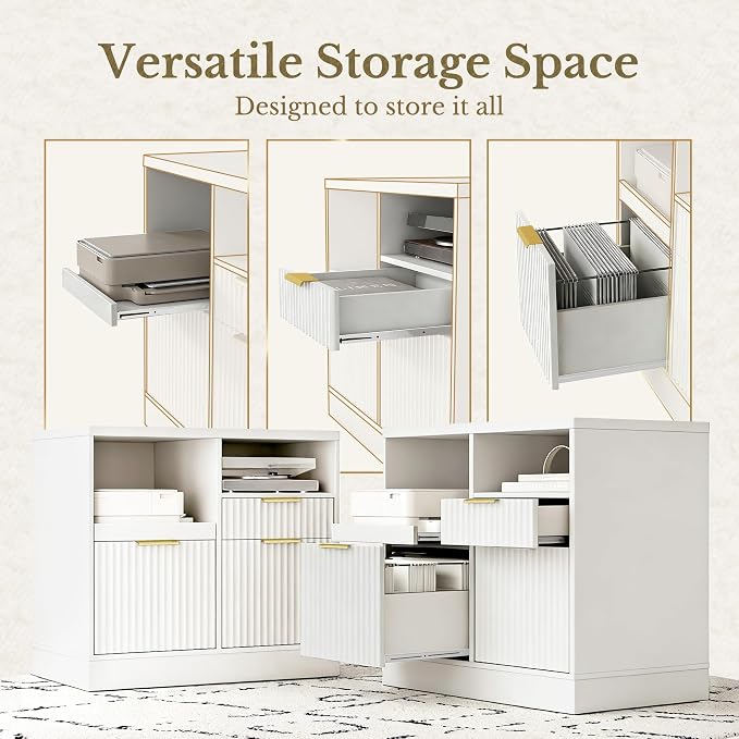 3 Drawer File Cabinet, Fluted Wood Lateral Filing Cabinet with Charging Station for Home Office, Fits for A4/Letter-Sized Files, Printer Stand with Open Storage Shelves, White