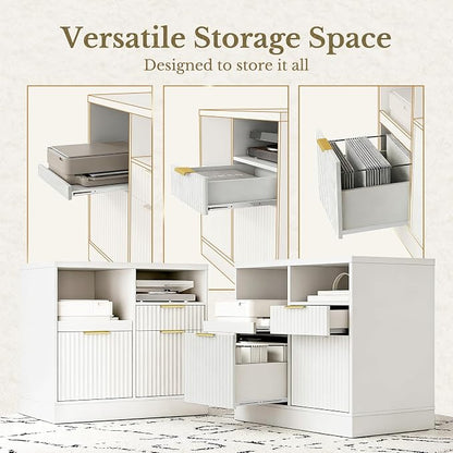 3 Drawer File Cabinet, Fluted Wood Lateral Filing Cabinet with Charging Station for Home Office, Fits for A4/Letter-Sized Files, Printer Stand with Open Storage Shelves, White