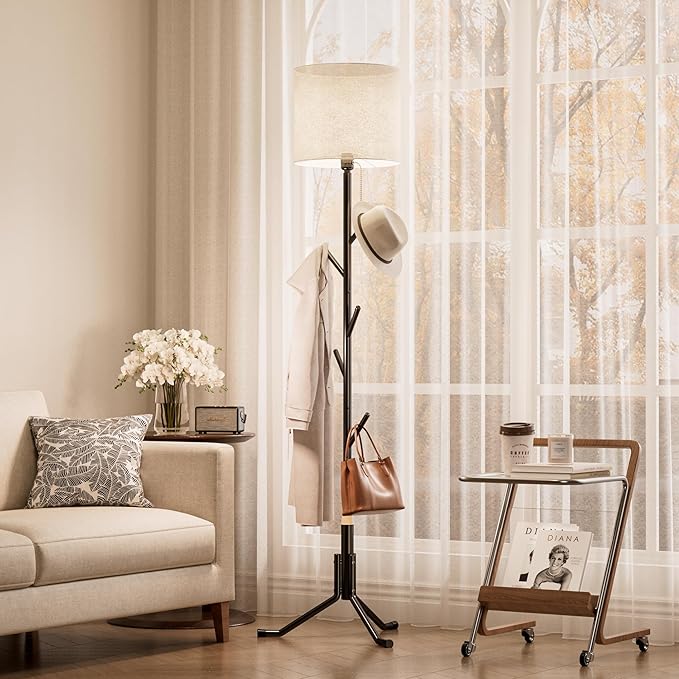 Coat Rack Freestanding Coat Tree with Floor Light, Metal Tall Entryway Coat Stand with 5 Hooks, Slim Modern Black Coat Hanger for Bedroom, Hallway, Office and Small Spaces