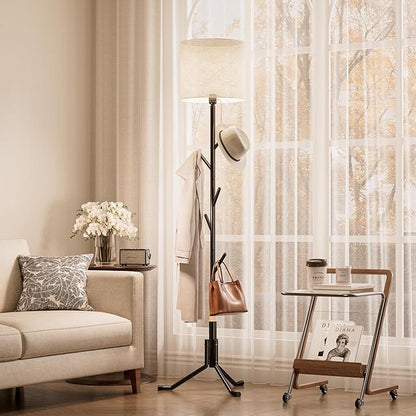 Coat Rack Freestanding Coat Tree with Floor Light, Metal Tall Entryway Coat Stand with 5 Hooks, Slim Modern Black Coat Hanger for Bedroom, Hallway, Office and Small Spaces