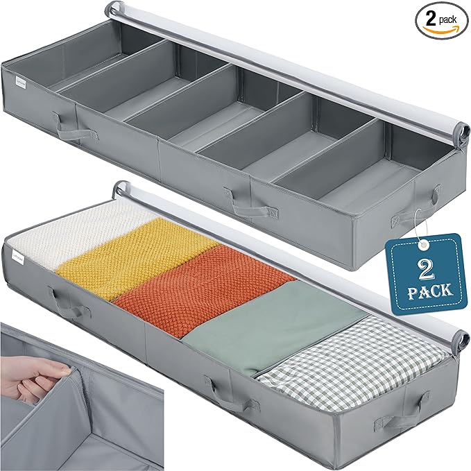 Under Bed Storage Containers, 2 Pack Under the Bed Bags, Clear Underbed Storage Bins with Sturdy | Adjustable Dividers | Sidewalls | Bottom, Closet Organizer for Clothes Sheet Blankets, 47.5x16x6in