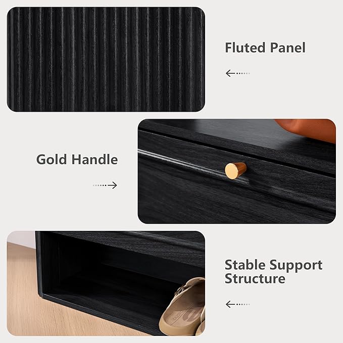 ORRD Shoe Storage Cabinet with 2 Flip Drawers Set of 2, Wood Narrow Shoe Cabinet for Entryway, Fluted Hidden Shoe Organizer, Freestanding Slim Shoes Cabinets for Foyer, Hallway-Black