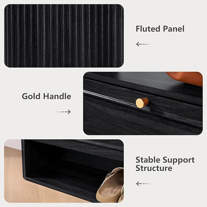 ORRD Shoe Storage Cabinet with 2 Flip Drawers, Wood Narrow Shoe Cabinet for Entryway, Fluted Hidden Shoe Organizer, Freestanding Slim Shoes Cabinets for Foyer, Hallway-Black
