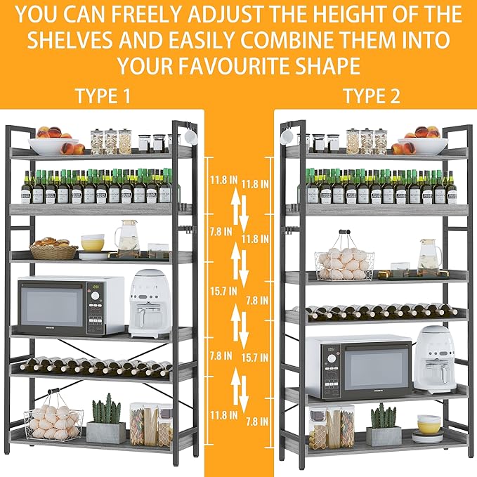 HCHQHS Bookshelf, Adjustable Industrial Bookcase, Vertical Tall Book Shelf, Wood and Black Metal Open Bookshelves for Home Office, Living Room, Bedroom (Grey, 6-Tier (31" W x 70" H))