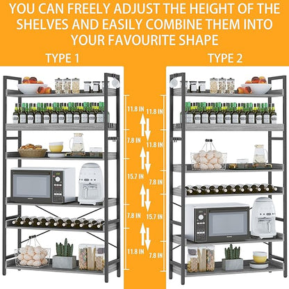 HCHQHS Bookshelf, Adjustable Industrial Bookcase, Vertical Tall Book Shelf, Wood and Black Metal Open Bookshelves for Home Office, Living Room, Bedroom (Grey, 6-Tier (31" W x 70" H))