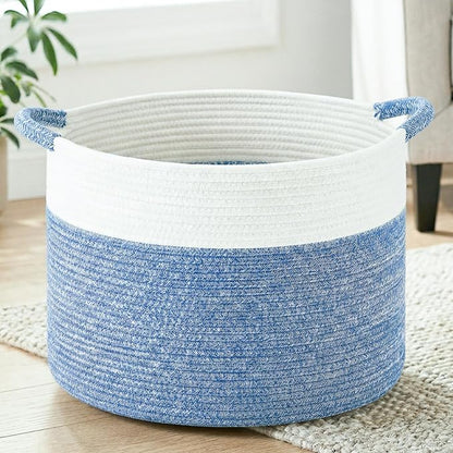 Artfeel 40L Large Cotton Rope Basket, Decorative Woven Blanket Storage for Living Room, Boho Toy Storage & Toy Box for Kids, Versatile Laundry Basket & Nursery Hamper for Blankets(DenimBlue)