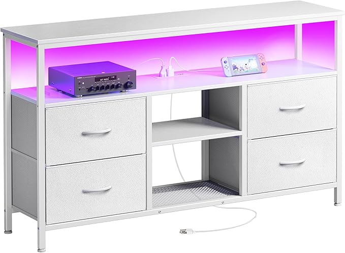 Huuger 47 Inch TV Stand Dresser with Power Outlets and LED Lights, 4 Drawers Entertainment Center with Open Shelf, Media Console for 55 50 Inch TV, Dresser with PU Finish, White
