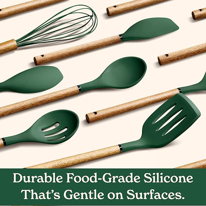 Country Kitchen Non Stick Silicone Utensil Set with Rounded Wood Handles for Cooking and Baking, 8 Piece Set, Green