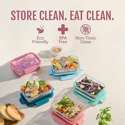 Ello Duraglass Refresh 3.4 Cup Meal Prep Sets 10Pc, 5 Pack Set- Glass Food Storage Container with Silicone Boot and Airtight BPA-Free Plastic Lids, Dishwasher, Microwave and Freezer Safe, Melon