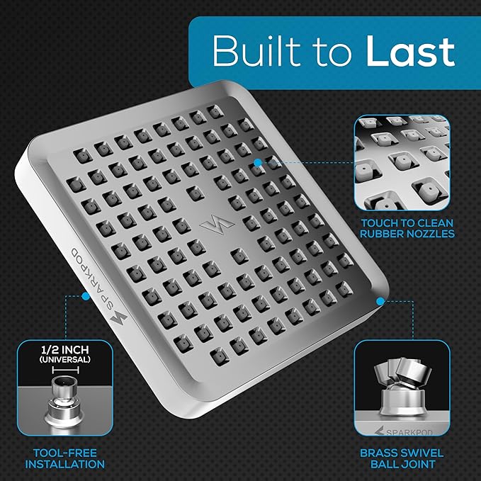 SparkPod Rain Shower Head, 6 Inch Square | High Pressure Shower Heads, 90 Nozzle (Touch-to-Clean), Adjustable Showerhead, No-tool Universal Connection