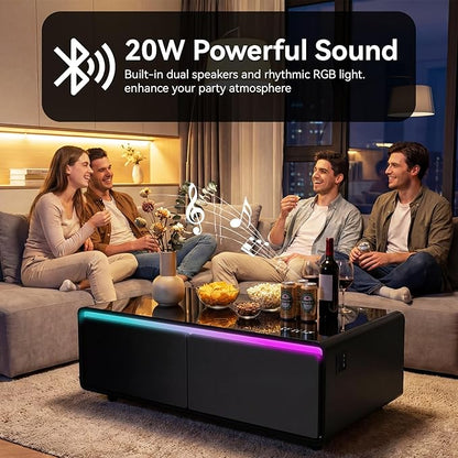 LIVTAB Smart Coffee Table, 27.8" D x 51" W x 18.1" H, Living Room Table with Built in Fridge and Speakers, Smart Table with 15W Wireless Charging, USB Chargers and 110V Outlets (Black)