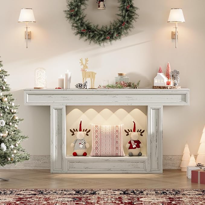 Rresyet 63" Console Table, 2-Tier Entryway Table with Sensor Lights, Coffee Table Behind The Sofa, with U-Shaped Base Suitable for Entryways, Living Rooms, Corridors, and Foyers(White)