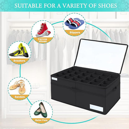 Luvhomee Shoe Storage Organizer, Fits 24 Pairs, Large Shoe Organizer Box for Closet, Clear Foldable Shoes Containers w/Bottom Support, Space Saving Shoe Cubby Storage Boxes w/Reinforced Handles, Black