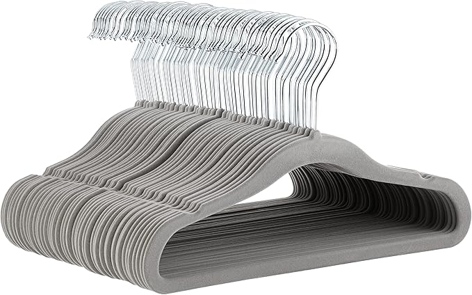 Amazon Basics Kids Velvet, Non-Slip Clothes Hangers for Infant and Toddler, 11.6 inches (for baby clothes), Pack of 50, Gray