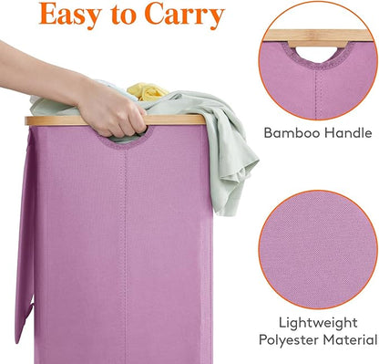 Lifewit 80L Laundry Basket with Lid, Clothes Hampers for Laundry with Bamboo Handles and 1 Removable Bag, Large Foldable Laundry Hamper for Bedroom, Bathroom, Dorm, Laundry Room, Purple