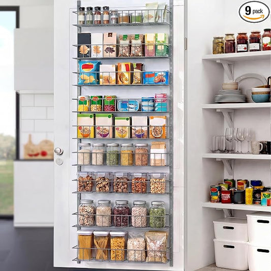 ElegantArray 9-Tier Pantry Door Oragnizer, Over The Door Pantry Organizer Rack and Storage, Hanging Spice Rack Shelves Door, Home Office Laundry Room Bathroom & Kitchen Organization, Light Gray