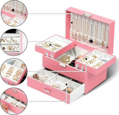 Dajasan Jewelry Box for Girls Women, PU Leather Jewelry Organizer Box, 3 Layers Jewelry Gift Box for Christmas, Valentine's Day, Birthday, Mother's Day (Pink)