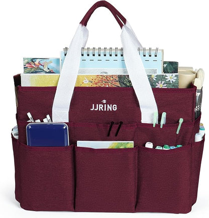 JJRING Craft Organizer Tote Bag, Large Art Storage Caddy with Multiple Pockets, Dark Red Sewing Bag for Art, Craft, Scrapbooking, School, Medical, and Office Supplies Storage