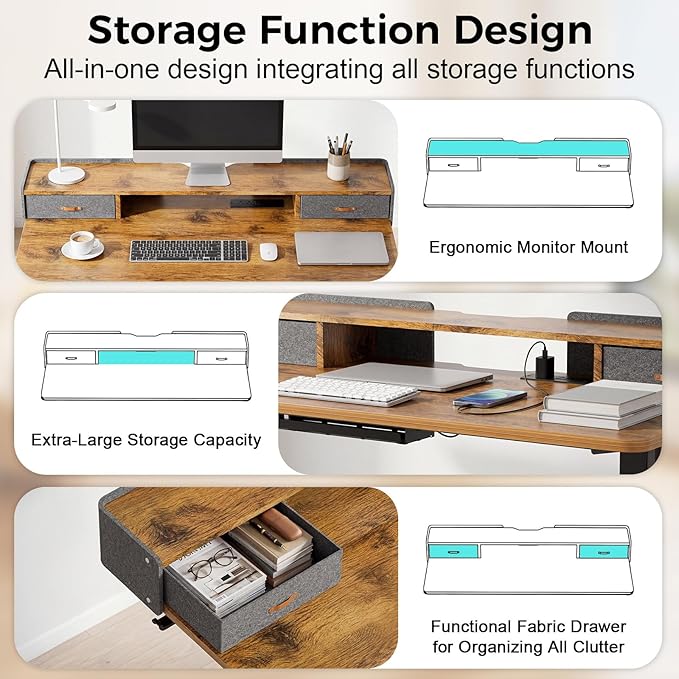 Electric Standing Desk with Drawers, 63 Inch Height Adjustable Desk with Power Outlets & LED Lights, Sit Stand Table with Monitor Stand for Home, Office, Rustic Brown
