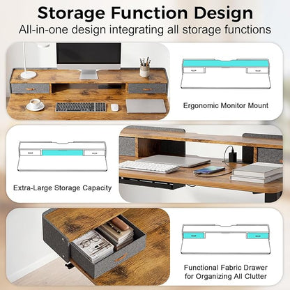 Electric Standing Desk with Drawers, 63 Inch Height Adjustable Desk with Power Outlets & LED Lights, Sit Stand Table with Monitor Stand for Home, Office, Rustic Brown