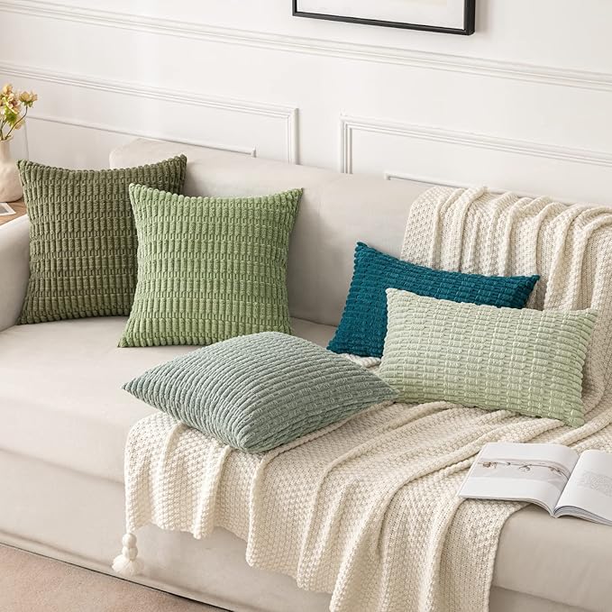 MIULEE Pack of 2 Spring Corduroy Decorative Throw Pillow Covers 16x16 Inch Soft Boho Striped Pillow Covers Modern Farmhouse Home Decor for Summer Sofa Living Room Couch Bed Greyish Green