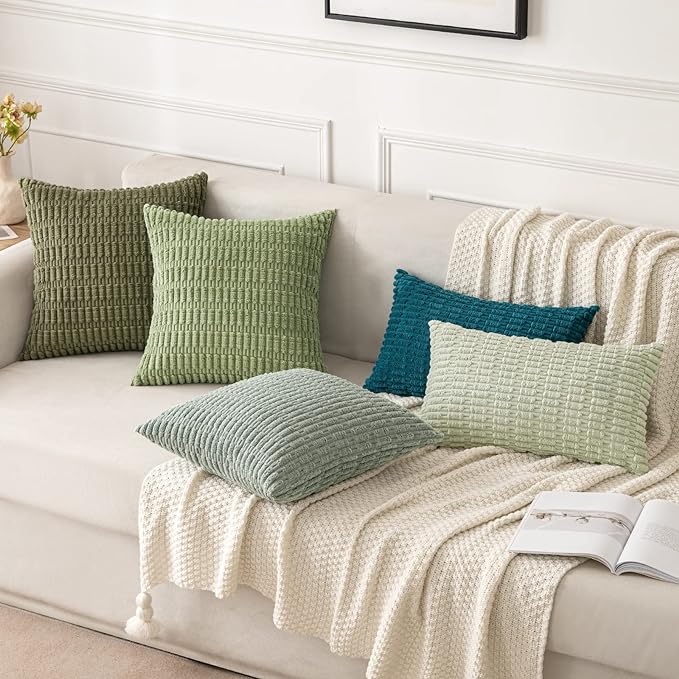 MIULEE Pack of 2 Spring Corduroy Decorative Euro Sham Throw Pillow Covers 22x22 Inch Soft Boho Striped Pillow Covers Modern Farmhouse Home Decor for Summer Sofa Living Room Couch Bed Greyish Green