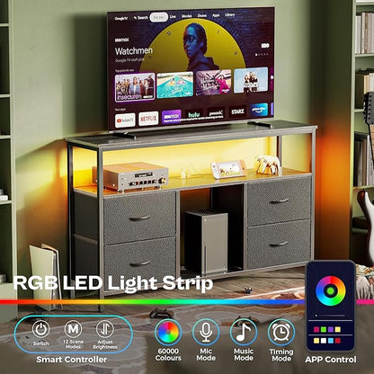 Huuger 47 Inch TV Stand Dresser with Power Outlets and LED Lights | Entertainment Center with 4 Drawers, PU Finish, Grey and Black, Dresser for 55 50 Inch TV, Open Shelf, Media Console