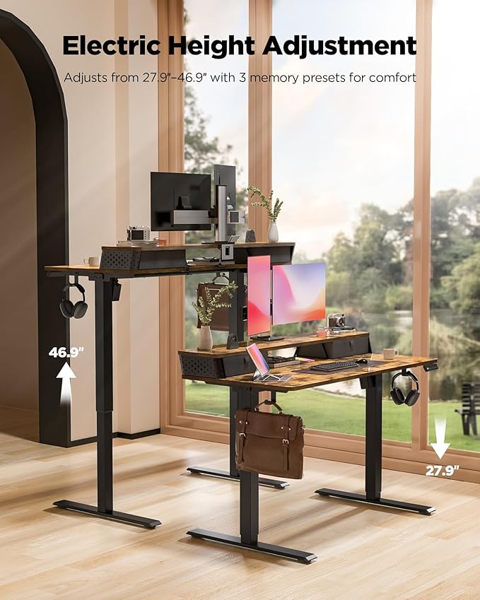 FiCiHi Standing Desk with Drawers,C-Clamp Mount Compatible, 55x24 Inch Electric Adjustable Height Computer Stand Up Desks, Home Office Sit Stand Table with 3 Preset Heights & Hooks, Rustic Brown