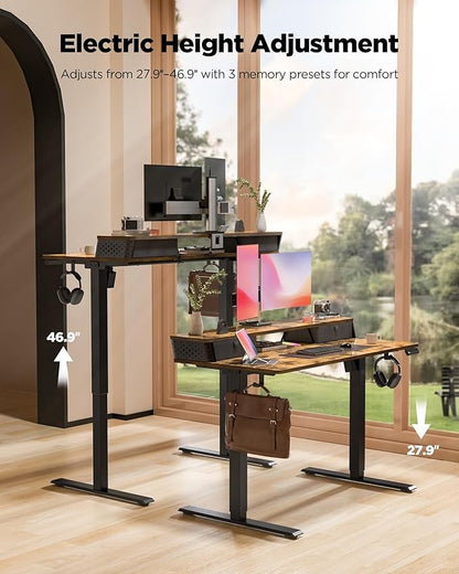 FiCiHi Small Standing Desk with Drawers,C-Clamp Mount Compatible, 40x24 Inch Electric Adjustable Height Computer Stand Up Desks, Home Office Sit Stand Table with 3 Preset Heights, Rustic Brown