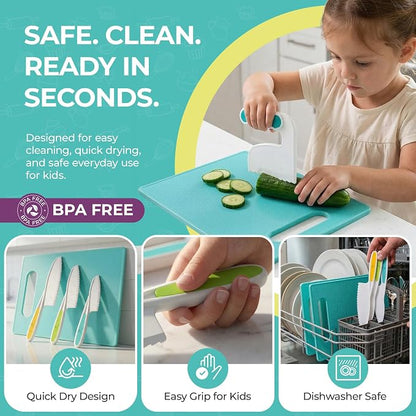 Tovla Jr Kids Safe Knife Set for Real Cooking | Toddler Knife Set with Chopper and Cutting Boards | Montessori Kitchen Tools with Visual Recipe Booklet | Ages 4 to 10