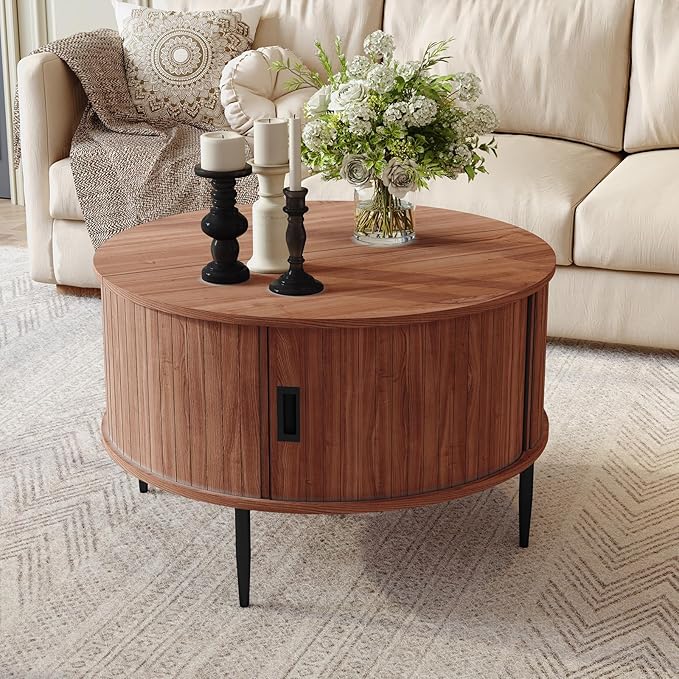 ARTPOWER 31.7" Round Coffee Table with Tambour Door, Mid Century Center Table for Living Room, Small Wood Fluted Circle Coffee Table with Storage, Walnut