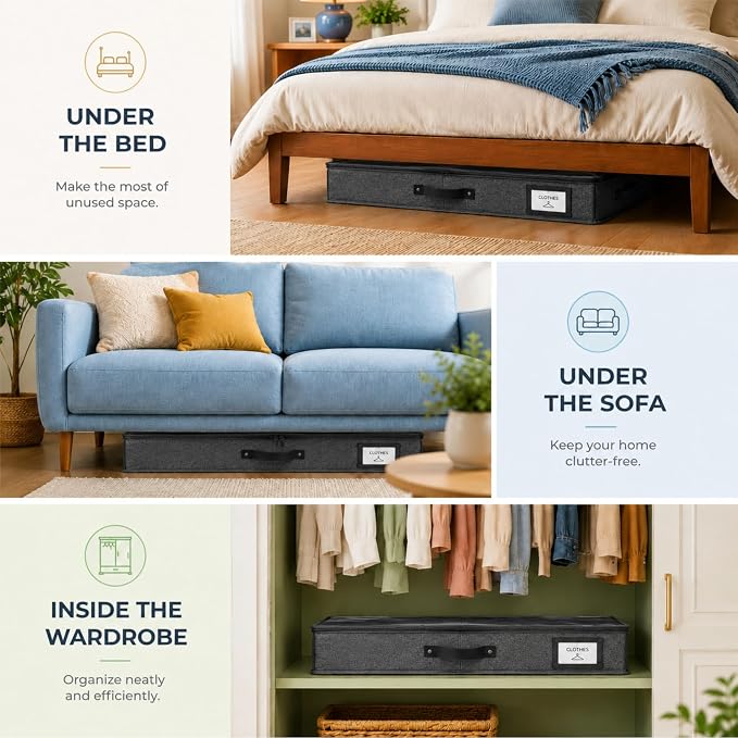 HOMELUX THEORY 2pc Low Profile Under Bed Storage Containers, Thin Under Couch Storage Organizer with Bins & Lids, Underbed Storage Box Ideal for Seasonal Clothes, Blankets, Fabric & Shoes (Dark Gray)