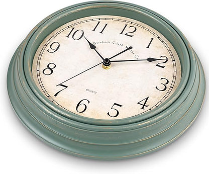 Bernhard Products Vintage Wall Clock Silent Non Ticking - 12 Inch Quality Quartz Battery Operated Decorative Rustic Green Clock for Home Kitchen Living/Dining Room Office Decor, Easy to Read