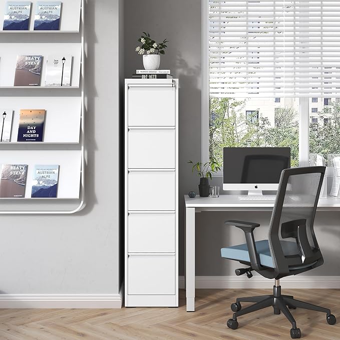 5 Drawer File Cabinet with Lock, Metal Vertical Filing Cabinets for Home Office, Steel Storage Cabinet for Hanging Legal/Letter Size Files, Assembly Required (White)