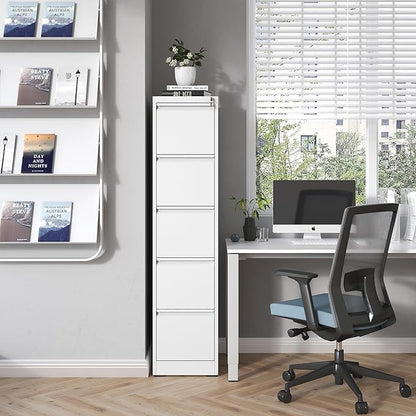 5 Drawer File Cabinet with Lock, Metal Vertical Filing Cabinets for Home Office, Steel Storage Cabinet for Hanging Legal/Letter Size Files, Assembly Required (White)