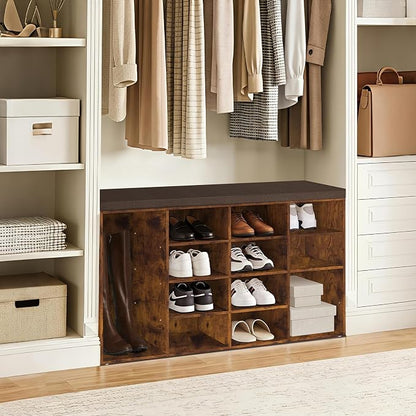 DINZI LVJ Shoe Storage Bench with Cushion, 16-Cubby Shoe Rack, Adjustable Shelves, Multifunctional Shoe Organizer Bench for Entryway, Mudroom, Hallway, Living Room, Bedroom and Garage, Rustic Brown