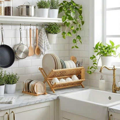6 Pcs Plate Organizer Set for Cabinet 2 Tier Bamboo Collapsible Dish Rack with Utensil Holder Plate Holder and Mat for Kitchen Organizer Cabinet Pot Lid, Bowl, Cup, Chopsticks, Utensils