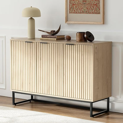 Fluted Storage Cabinet with 3 Doors, Sideboard Buffet Cabinets Adjustable Shelves, Credenza Console Table Cabinets for Living Room, Light Oak