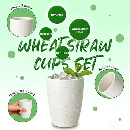 Wheat Straw Unbreakable Drinking Cups, 12 OZ Tumbler Set of 6, Lightweight Reusable Cups, Reusable Cups Alternative to Plastic, Dishwasher Safe Tumbler for Kitchen, Camping, RV, White