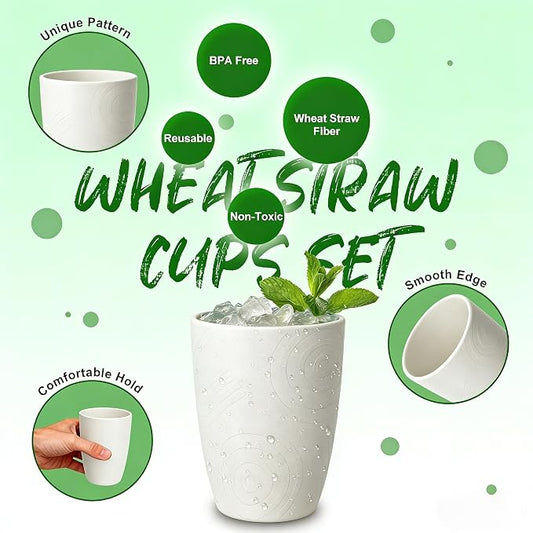 Wheat Straw Unbreakable Drinking Cups, 12 OZ Tumbler Set of 6, Lightweight Reusable Cups, Reusable Cups Alternative to Plastic, Dishwasher Safe Tumbler for Kitchen, Camping, RV, White