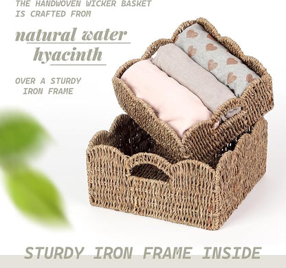 Scalloped Baskets (Natural-Set of 2) Seagrass Basket For Decor, Basket Living Room Organizer, Bathroom, Bedroom, Laundry,... Seagrass Storage Baskets with Built-in Handles.