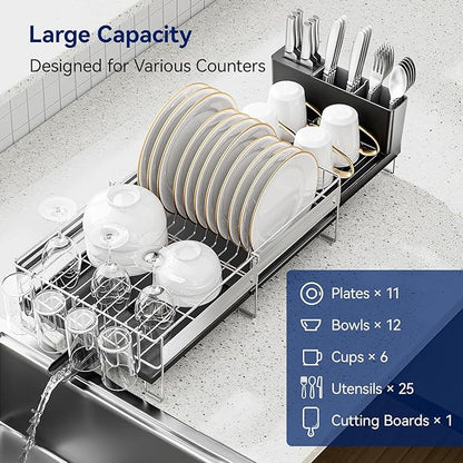 Stainless Steel Dish Drying Rack - Expandable Dish Racks for Kitchen Counter Organizer with Drain Board, Detachable Utensil & Cup Holder, Dish Drainer for Small Kitchen Counter, Black
