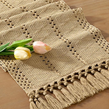 Socomi Boho Table Runner Valentine's Day Farmhouse Rustic Dining Kitchen Centerpiece Decor Small Macrame Woven Cotton Linen Coffee Table Runner for Dresser Scarf Home Decor 12x36 inch Champagne