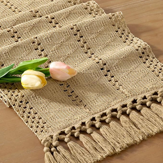 Socomi Boho Table Runner Valentine's Day Farmhouse Rustic Dining Kitchen Centerpiece Decor Small Macrame Woven Cotton Linen Coffee Table Runner for Dresser Scarf Home Decor 12x36 inch Champagne