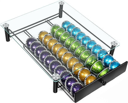 ROWISE Coffee Pod Drawers, Crystal Tempered Glass Pod Holder Drawer Compatible with Nespresso Capsules, Holds Up to 40 Capsules, Size 14"x15.5"x4.5"