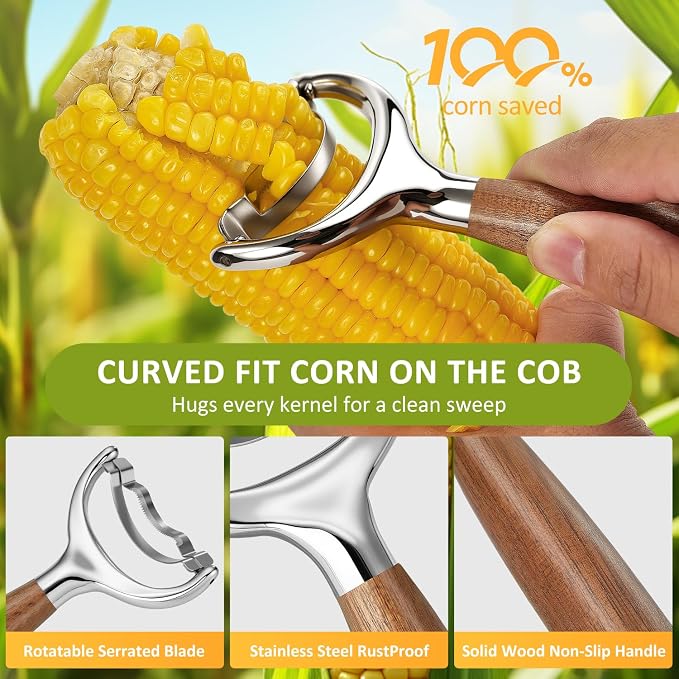 Stainless Steel Corn Peeler, Durable Corn on the Cob Stripper Tool with Solid Wood Good Grip Handle for Salad Polenta Pizza Popcorn Cooking Gifts for Woman Her Mom Birthday (Hard Maple)