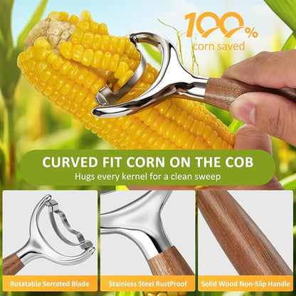 Stainless Steel Corn Peeler, Durable Corn on the Cob Stripper Tool with Solid Wood Good Grip Handle for Salad Polenta Pizza Popcorn Cooking Gifts for Woman Her Mom Birthday (Hard Maple)